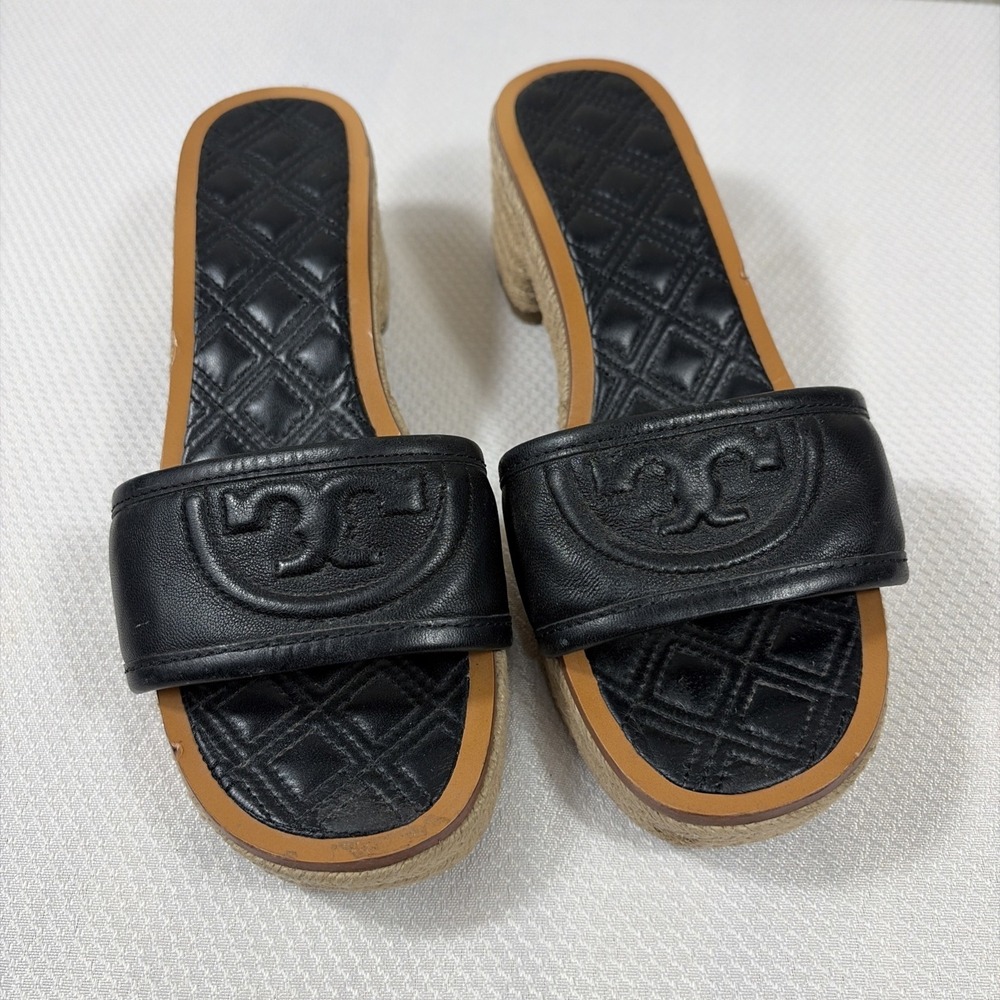TORY BURCH Quilted Fleming Woven Wedge Espadrille Sandal Size 6.5M Black Leather